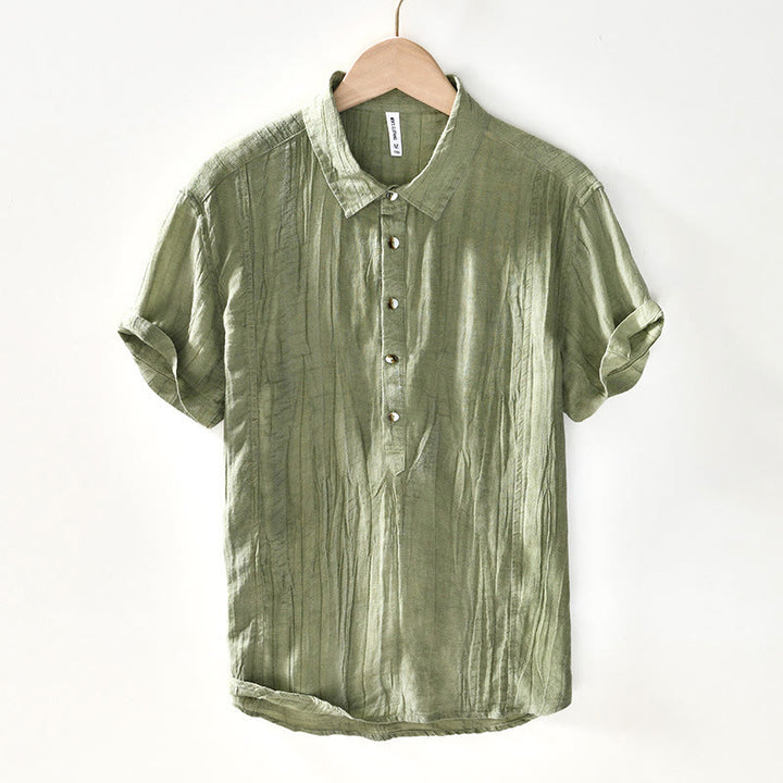 Camisa casual de lino y ramio con solapa lisa y medio botón para hombre con estampado de Buddha Stones