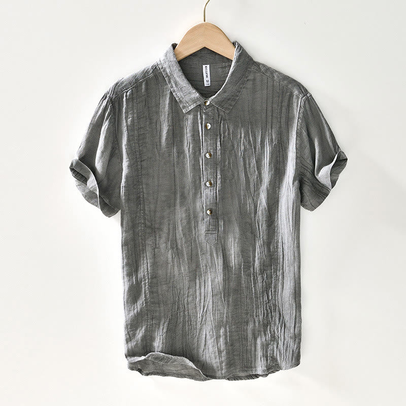 Camisa casual de lino y ramio con solapa lisa y medio botón para hombre con estampado de Buddha Stones