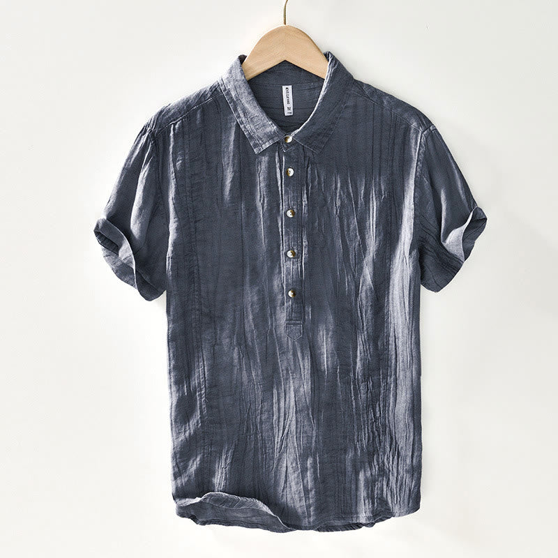 Camisa casual de lino y ramio con solapa lisa y medio botón para hombre con estampado de Buddha Stones