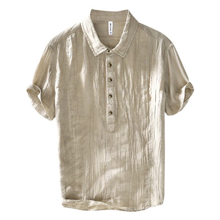 Camisa casual de lino y ramio con solapa lisa y medio botón para hombre con estampado de Buddha Stones