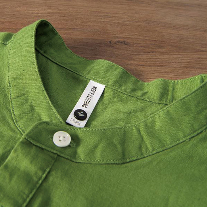 Camisa de hombre de lino y algodón con cuello alto y medio botón, con bordado suave de Buddha Stones y patrón de grulla