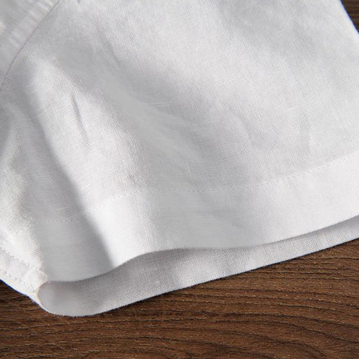 Camisa de hombre de lino y algodón con cuello alto y medio botón, con bordado suave de Buddha Stones y patrón de grulla