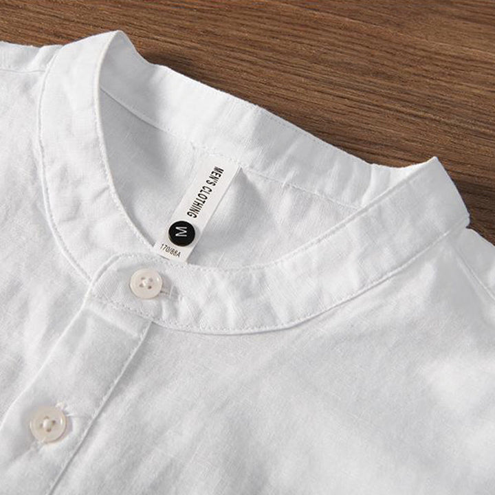 Camisa de hombre de lino y algodón con cuello alto y medio botón, con bordado suave de Buddha Stones y patrón de grulla