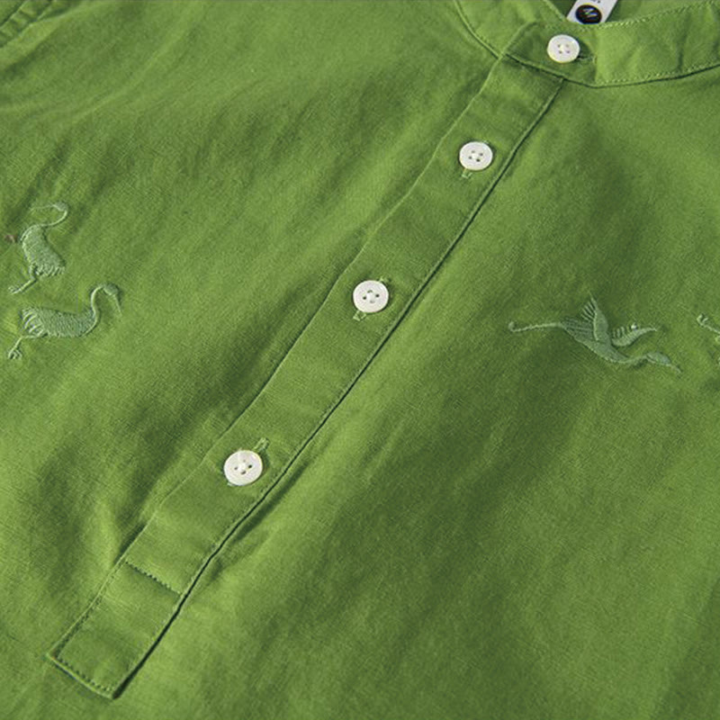 Camisa de hombre de lino y algodón con cuello alto y medio botón, con bordado suave de Buddha Stones y patrón de grulla