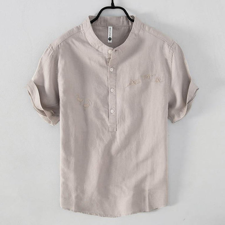 Camisa de hombre de lino y algodón con cuello alto y medio botón, con bordado suave de Buddha Stones y patrón de grulla