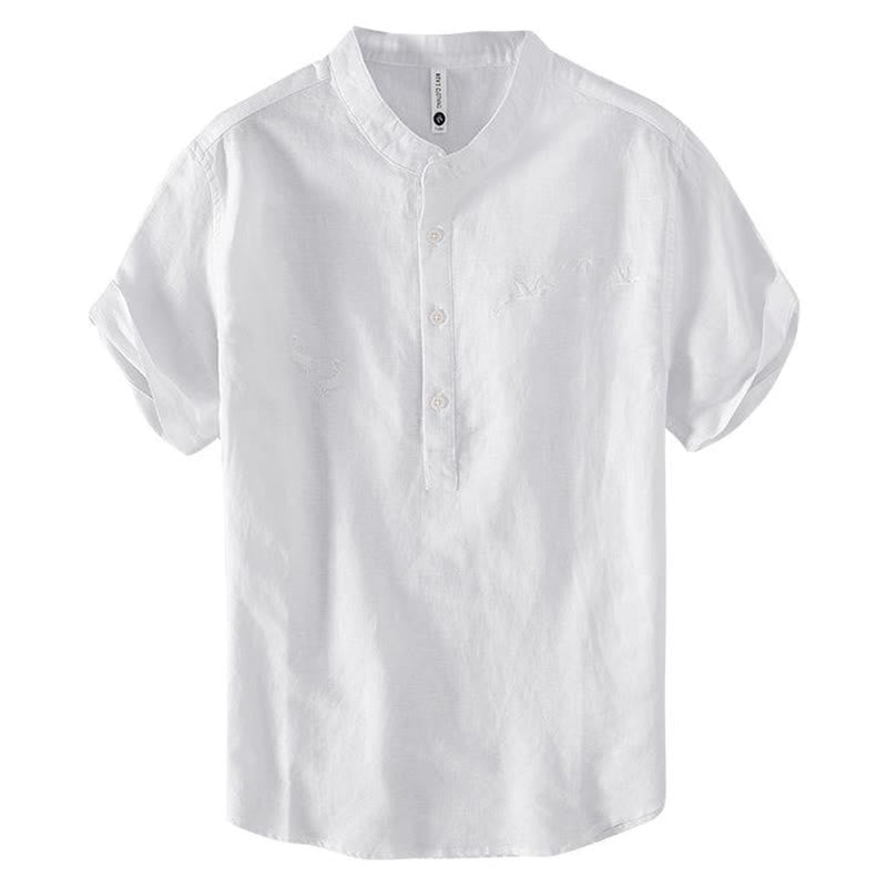 Camisa de hombre de lino y algodón con cuello alto y medio botón, con bordado suave de Buddha Stones y patrón de grulla