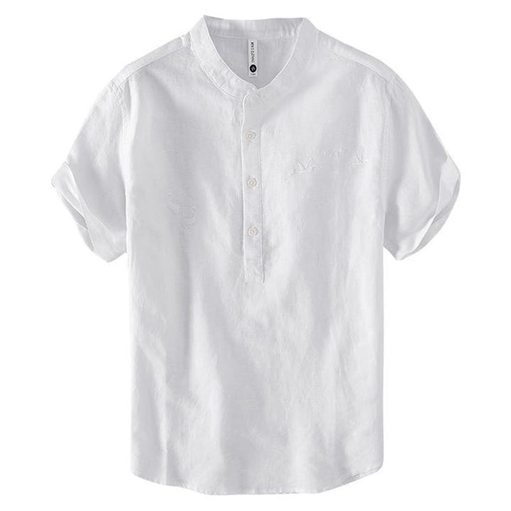 Camisa de hombre de lino y algodón con cuello alto y medio botón, con bordado suave de Buddha Stones y patrón de grulla