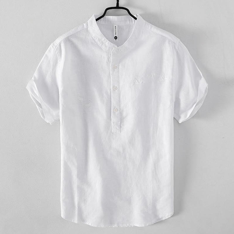 Camisa de hombre de lino y algodón con cuello alto y medio botón, con bordado suave de Buddha Stones y patrón de grulla