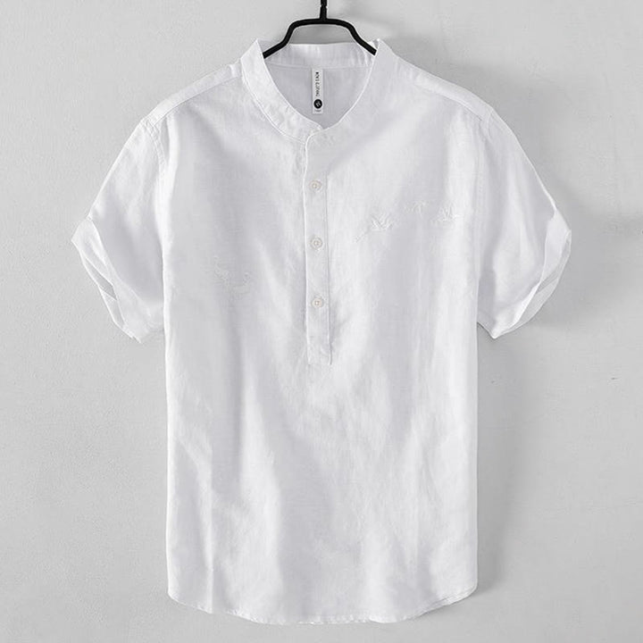 Camisa de hombre de lino y algodón con cuello alto y medio botón, con bordado suave de Buddha Stones y patrón de grulla