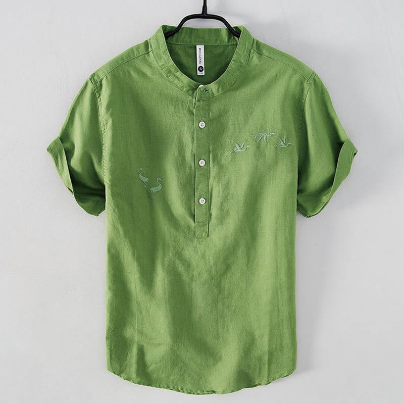 Camisa de hombre de lino y algodón con cuello alto y medio botón, con bordado suave de Buddha Stones y patrón de grulla