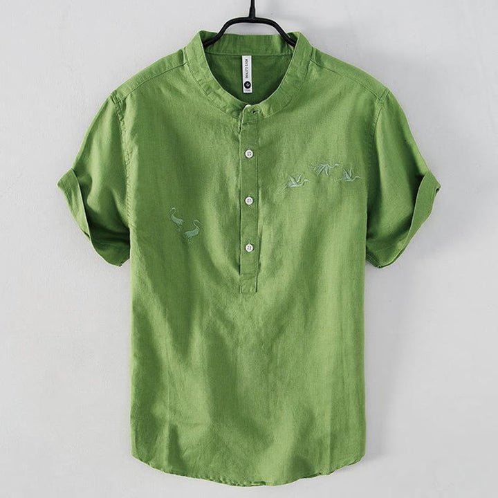 Camisa de hombre de lino y algodón con cuello alto y medio botón, con bordado suave de Buddha Stones y patrón de grulla