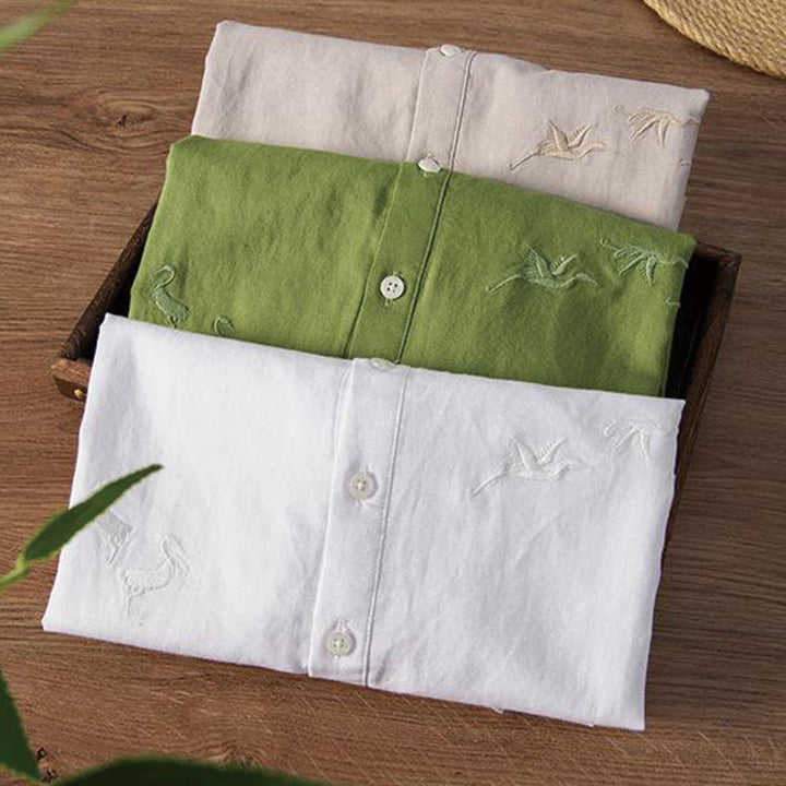 Camisa de hombre de lino y algodón con cuello alto y medio botón, con bordado suave de Buddha Stones y patrón de grulla