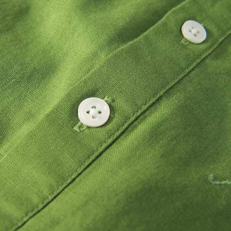 Camisa de hombre de lino y algodón con cuello alto y medio botón, con bordado suave de Buddha Stones y patrón de grulla