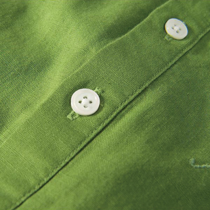 Camisa de hombre de lino y algodón con cuello alto y medio botón, con bordado suave de Buddha Stones y patrón de grulla