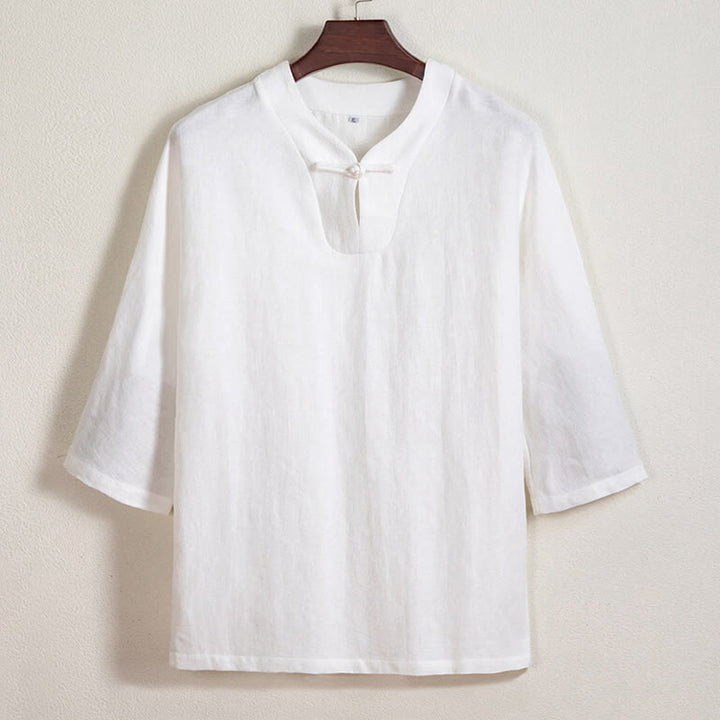 Camisa de lino con mangas tres cuartos y botones de rana blanca para hombre con Buddha Stones