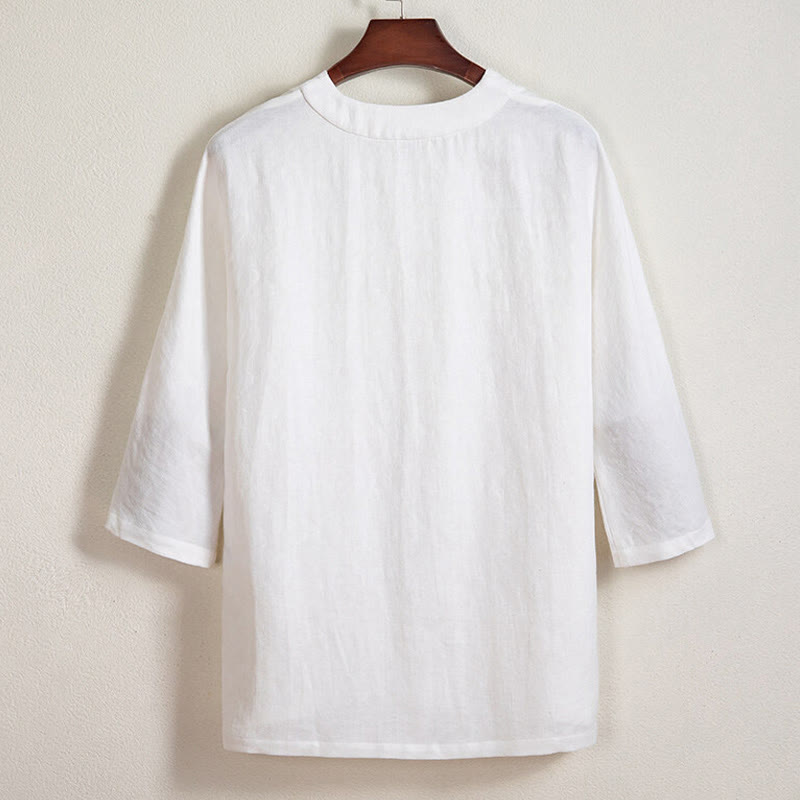 Camisa de lino con mangas tres cuartos y botones de rana blanca para hombre con Buddha Stones