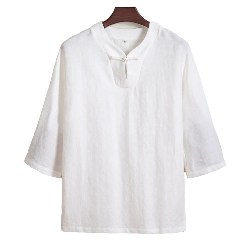 Camisa de lino con mangas tres cuartos y botones de rana blanca para hombre con Buddha Stones