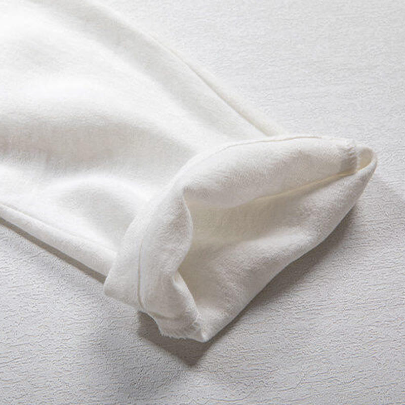 Camisa de lino con mangas tres cuartos y botones de rana blanca para hombre con Buddha Stones