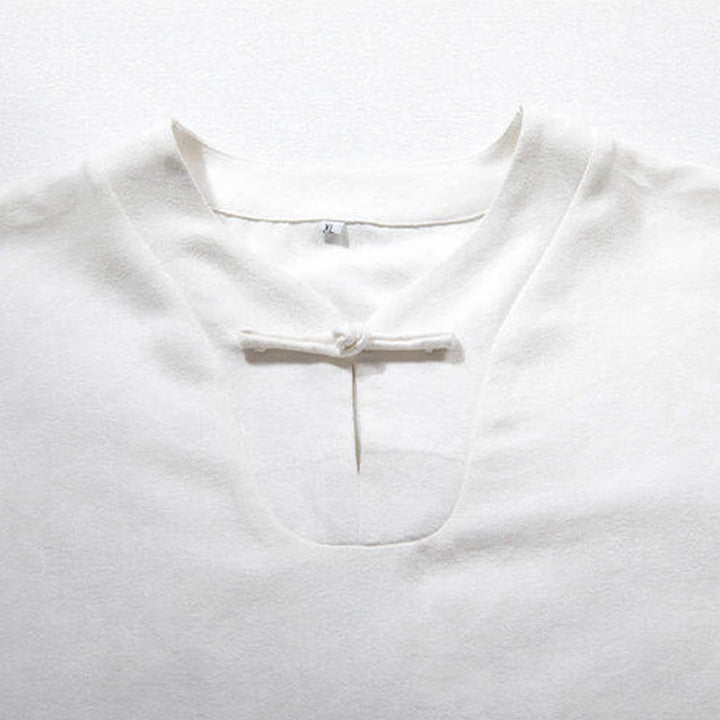 Camisa de lino con mangas tres cuartos y botones de rana blanca para hombre con Buddha Stones