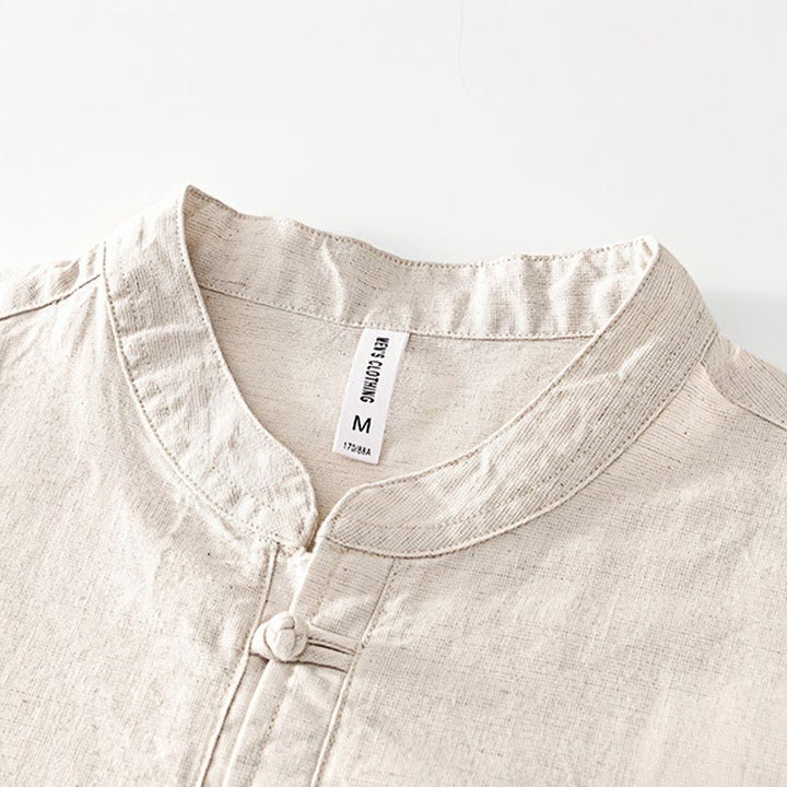 Camisa de hombre de algodón y lino con cuello redondo, suave, lisa y con botones de rana , de Buddha Stones