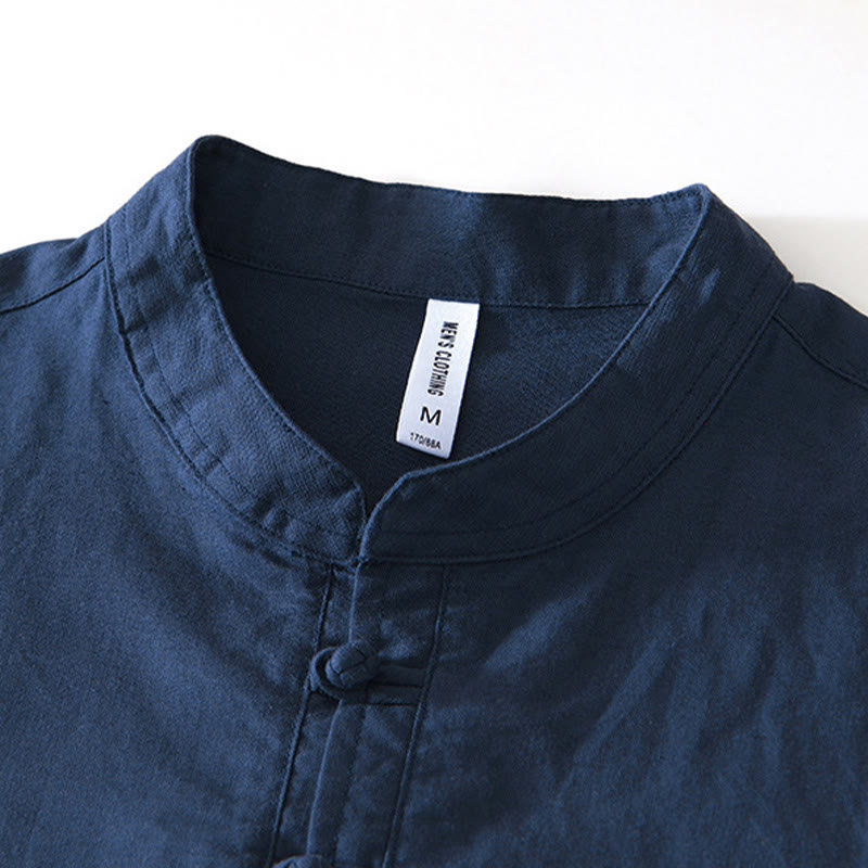 Camisa de hombre de algodón y lino con cuello redondo, suave, lisa y con botones de rana , de Buddha Stones - image 7