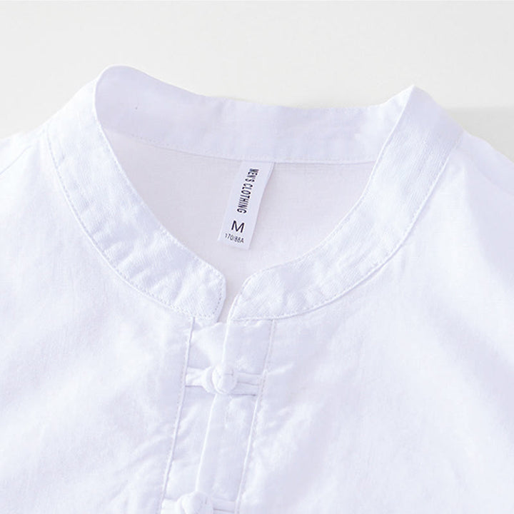 Camisa de hombre de algodón y lino con cuello redondo, suave, lisa y con botones de rana , de Buddha Stones - image 16