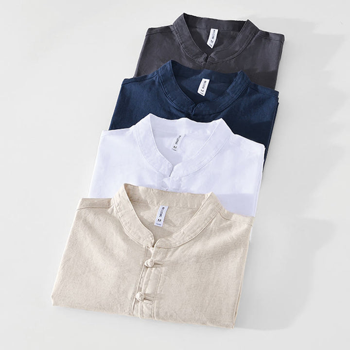 Camisa de hombre de algodón y lino con cuello redondo, suave, lisa y con botones de rana , de Buddha Stones
