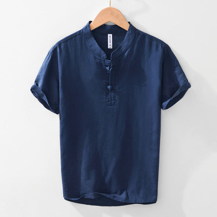 Camisa de hombre de algodón y lino con cuello redondo, suave, lisa y con botones de rana , de Buddha Stones