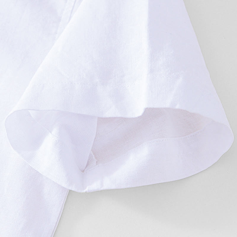 Camisa de hombre de algodón y lino con cuello redondo, suave, lisa y con botones de rana , de Buddha Stones - image 19