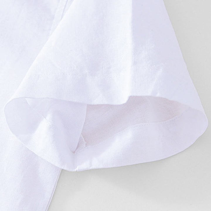 Camisa de hombre de algodón y lino con cuello redondo, suave, lisa y con botones de rana , de Buddha Stones - image 19