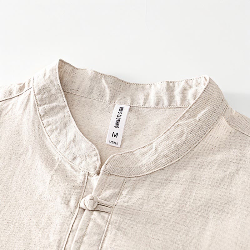 Camisa de hombre de algodón y lino con cuello redondo, suave, lisa y con botones de rana , de Buddha Stones - image 1