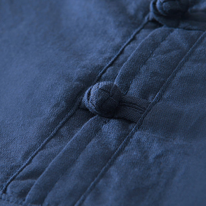 Camisa de hombre de algodón y lino con cuello redondo, suave, lisa y con botones de rana , de Buddha Stones