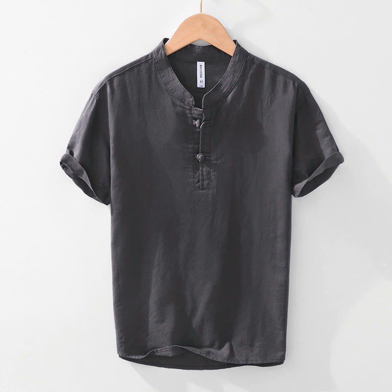 Camisa de hombre de algodón y lino con cuello redondo, suave, lisa y con botones de rana , de Buddha Stones