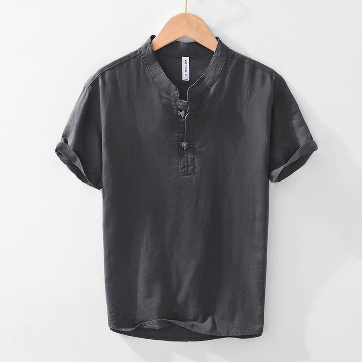 Camisa de hombre de algodón y lino con cuello redondo, suave, lisa y con botones de rana , de Buddha Stones