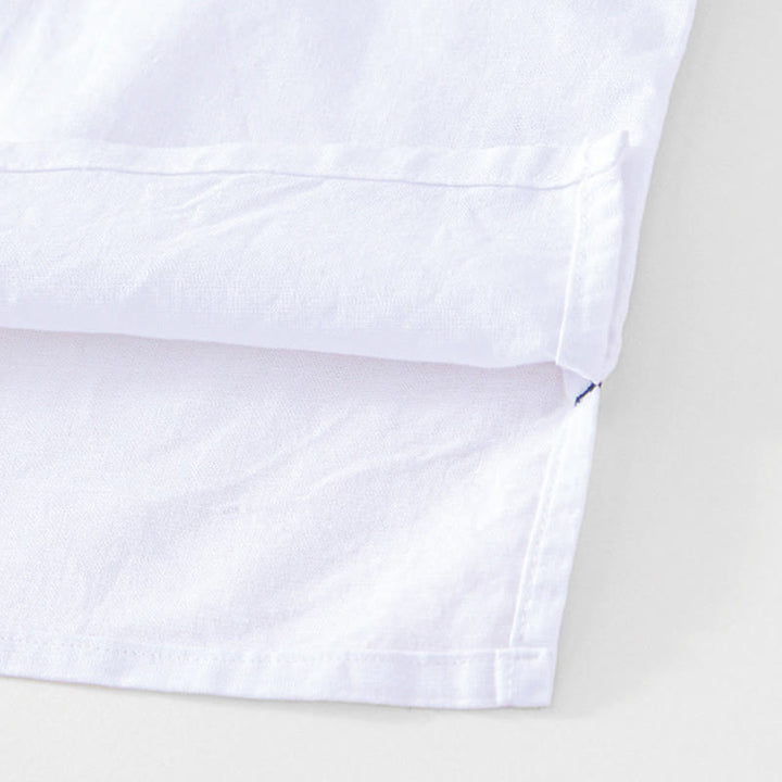 Camisa de hombre de algodón y lino con cuello redondo, suave, lisa y con botones de rana , de Buddha Stones - image 20