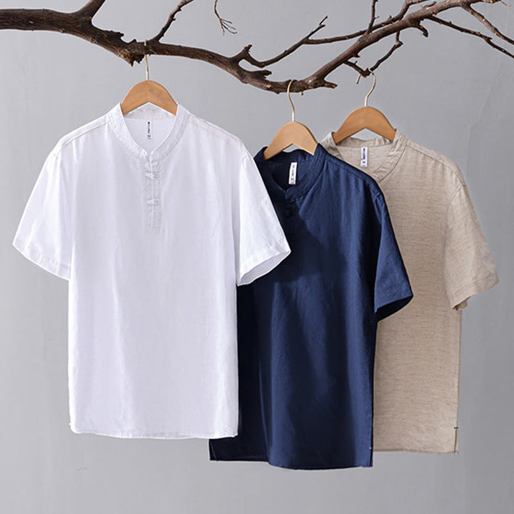Camisa de hombre de algodón y lino con cuello redondo, suave, lisa y con botones de rana , de Buddha Stones - image 22