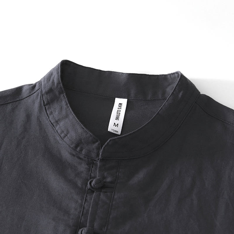 Camisa de hombre de algodón y lino con cuello redondo, suave, lisa y con botones de rana , de Buddha Stones