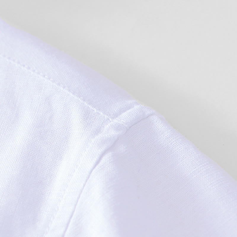 Camisa de hombre de algodón y lino con cuello redondo, suave, lisa y con botones de rana , de Buddha Stones - image 18