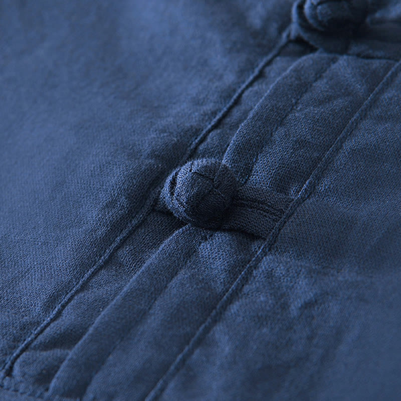 Camisa de hombre de algodón y lino con cuello redondo, suave, lisa y con botones de rana , de Buddha Stones - image 8