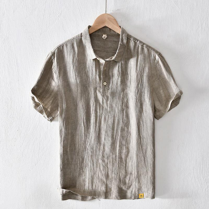 Camisa de lino con solapa de manga corta y medio botón para hombre con diseño simple de Buddha Stones - Caqui oscuro - US/UK/AU42, EU52 (3XL) - image 0