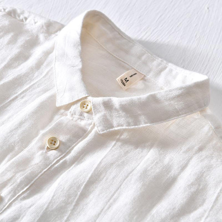 Camisa de lino con solapa de manga corta y medio botón para hombre con diseño simple de Buddha Stones - image 5