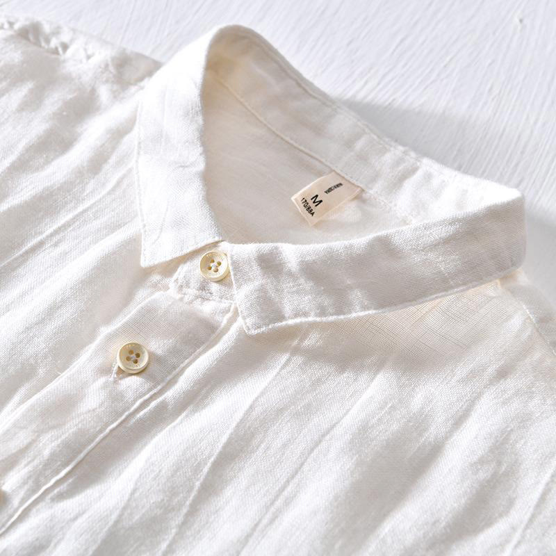 Camisa de lino con solapa de manga corta y medio botón para hombre con diseño simple de Buddha Stones - image 5