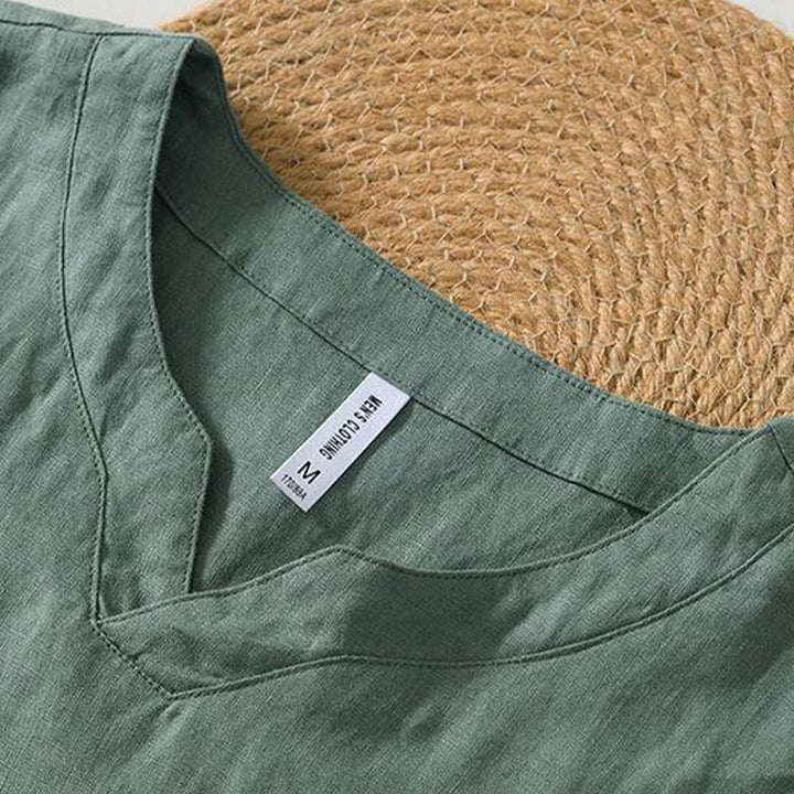 Camisa informal de lino con cuello en V y manga corta para hombre con estampado de Buddha Stones