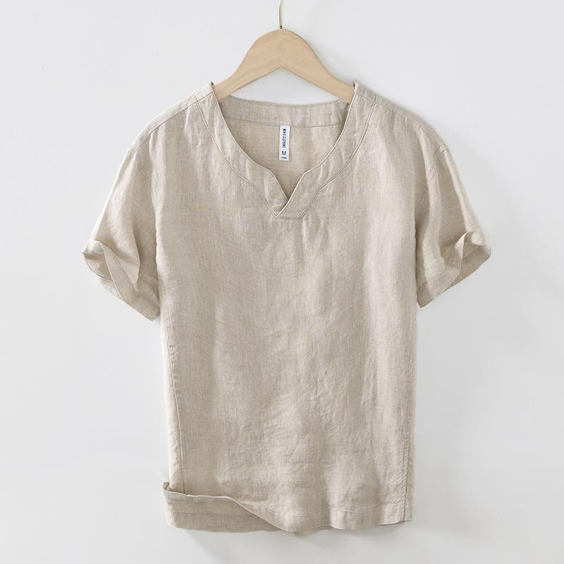 Camisa informal de lino con cuello en V y manga corta para hombre con estampado de Buddha Stones - vara de oro pálida - US/UK/AU42, EU52 (3XL) - image 0