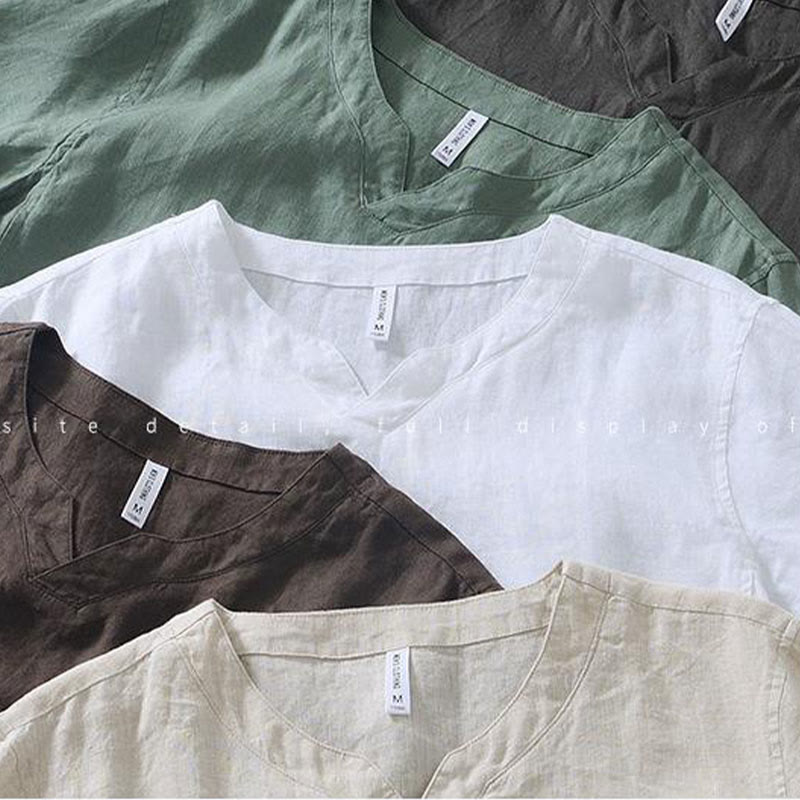 Camisa informal de lino con cuello en V y manga corta para hombre con estampado de Buddha Stones - image 27