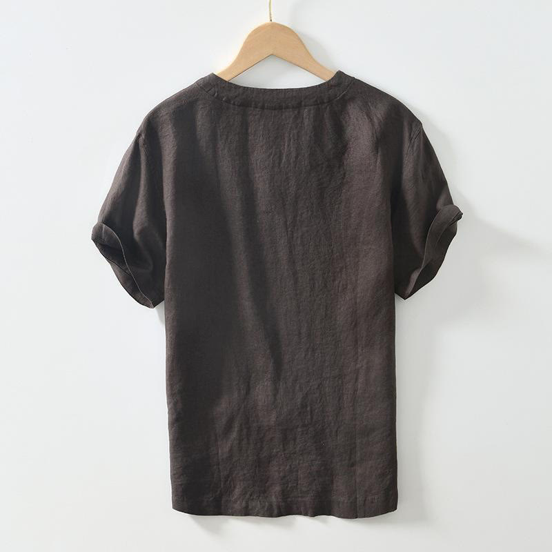 Camisa informal de lino con cuello en V y manga corta para hombre con estampado de Buddha Stones