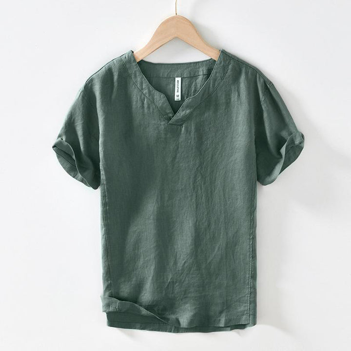 Camisa informal de lino con cuello en V y manga corta para hombre con estampado de Buddha Stones