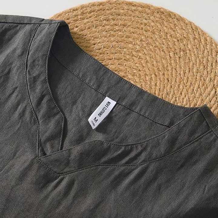 Camisa informal de lino con cuello en V y manga corta para hombre con estampado de Buddha Stones