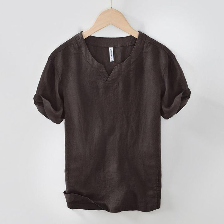 Camisa informal de lino con cuello en V y manga corta para hombre con estampado de Buddha Stones
