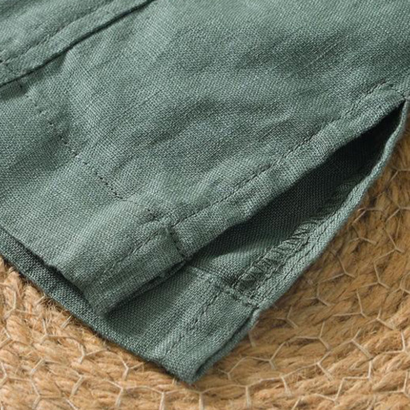 Camisa informal de lino con cuello en V y manga corta para hombre con estampado de Buddha Stones